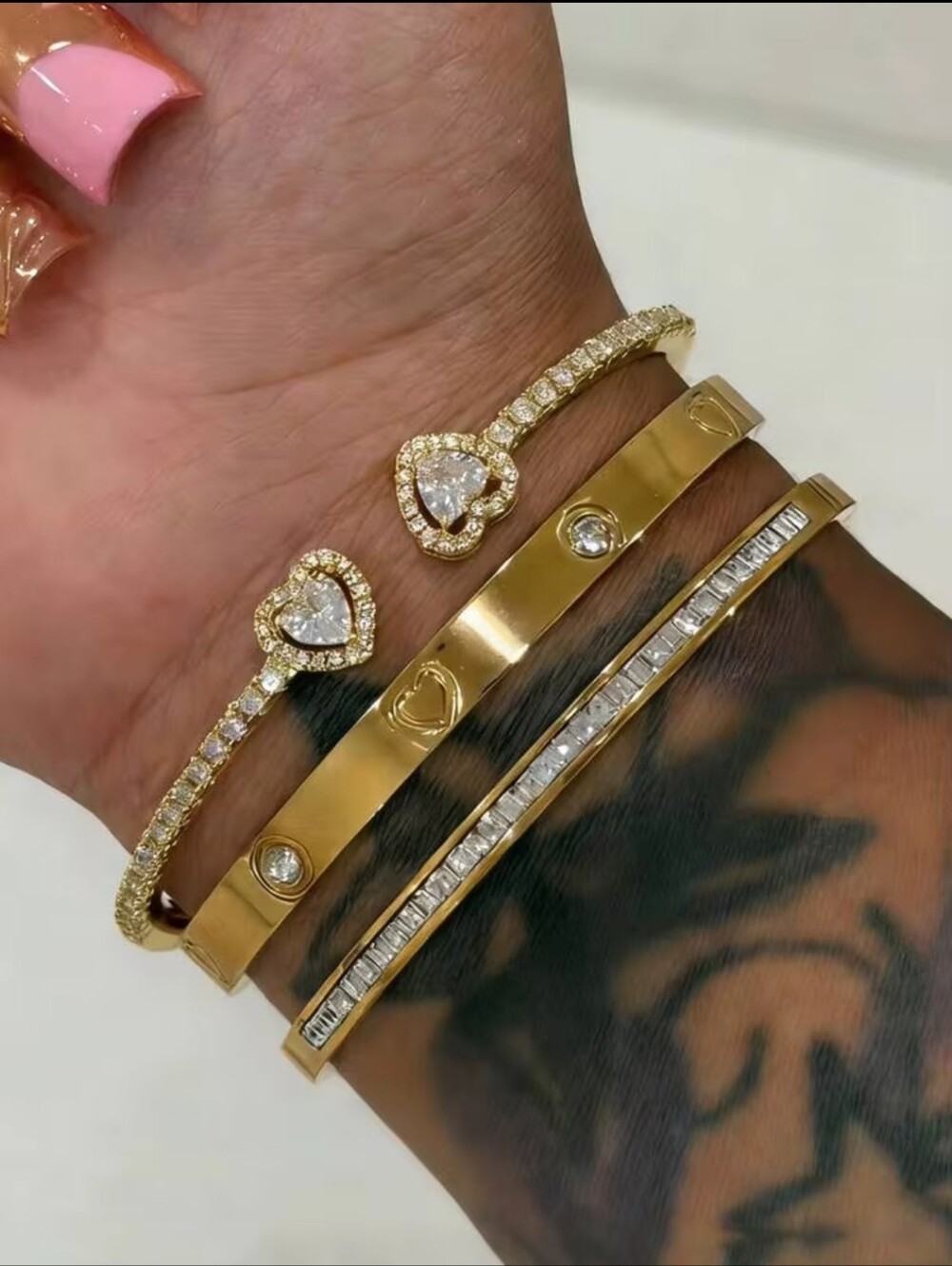 Gold Plated Heart & Baguette Bracelet Set -